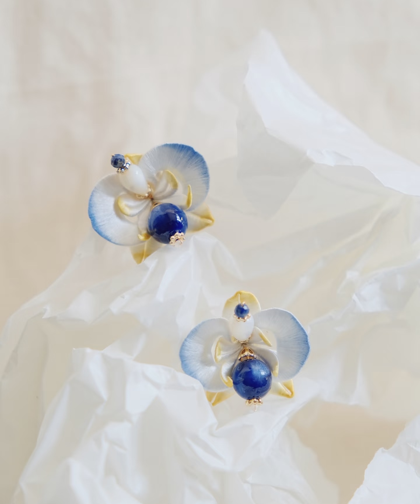 Blue silk orchid earrings — Silora Orient signature piece