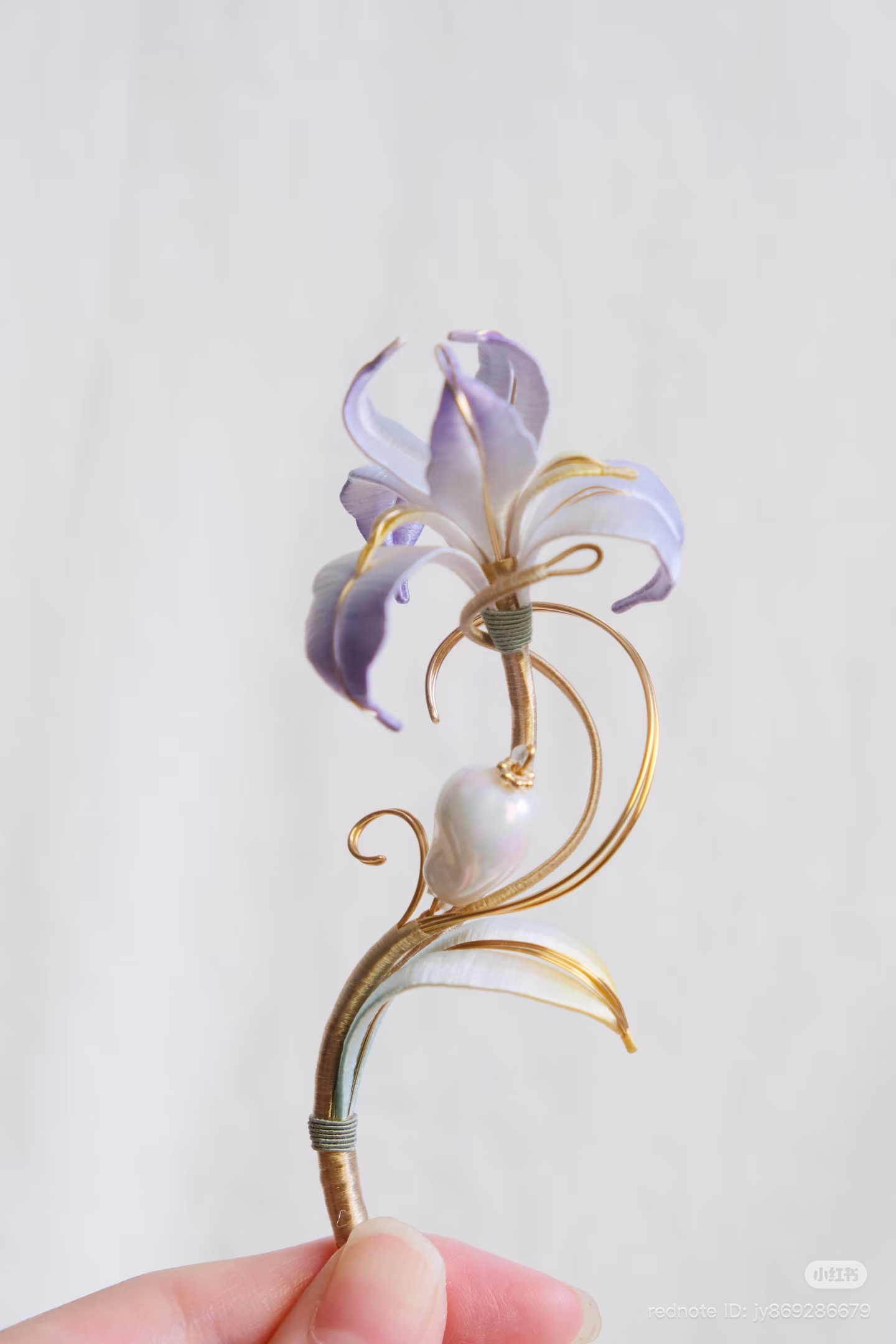 Purple iris silk brooch with pearl and gold wire